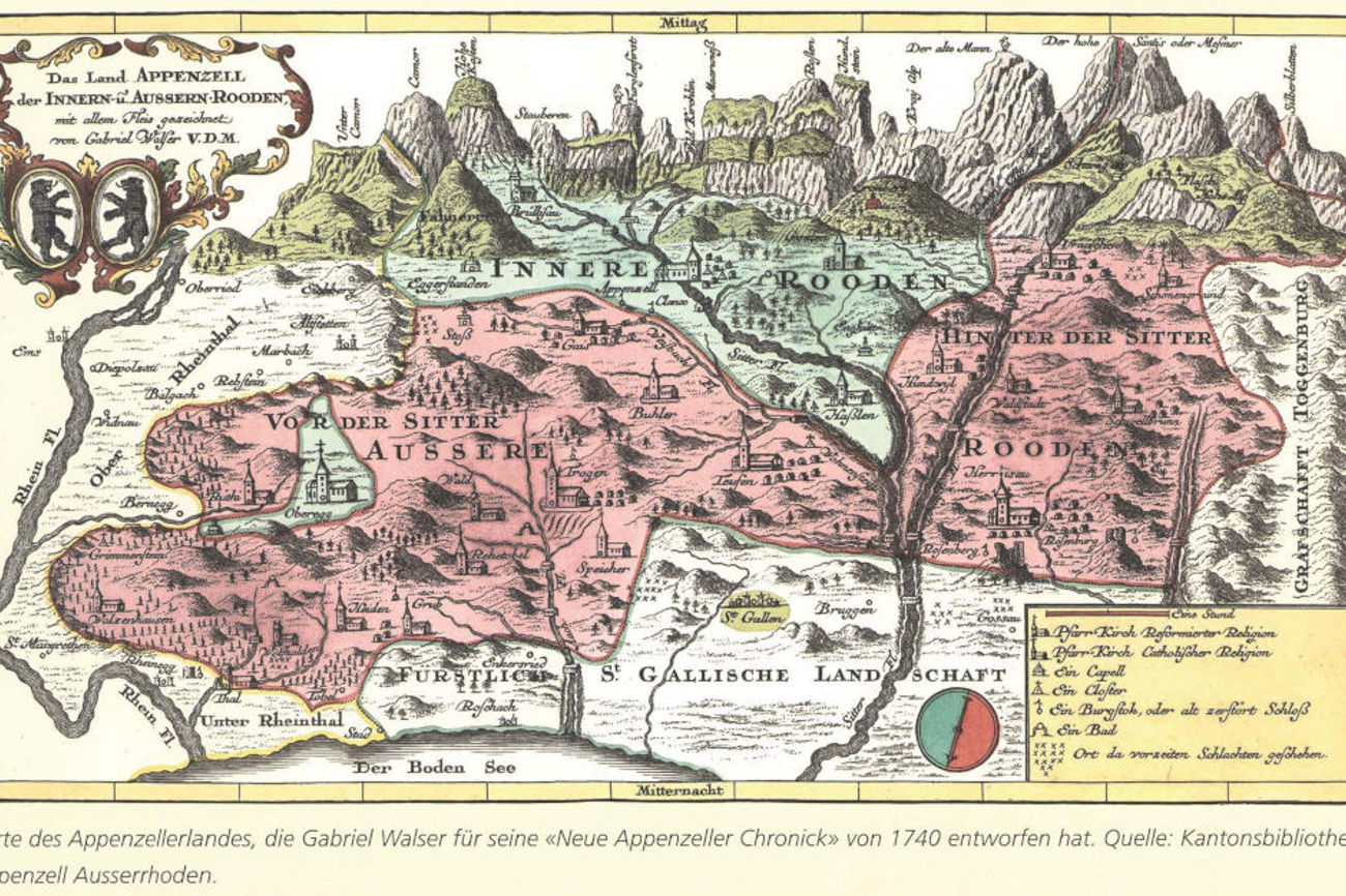 Karte des Appenzellerlandes, die Gabriel Walser für seine "Neue Appenzeller Chronick" von 1740 entworften hat. | Quelle: Kantonsbibliothek Appenzell Ausserrhoden