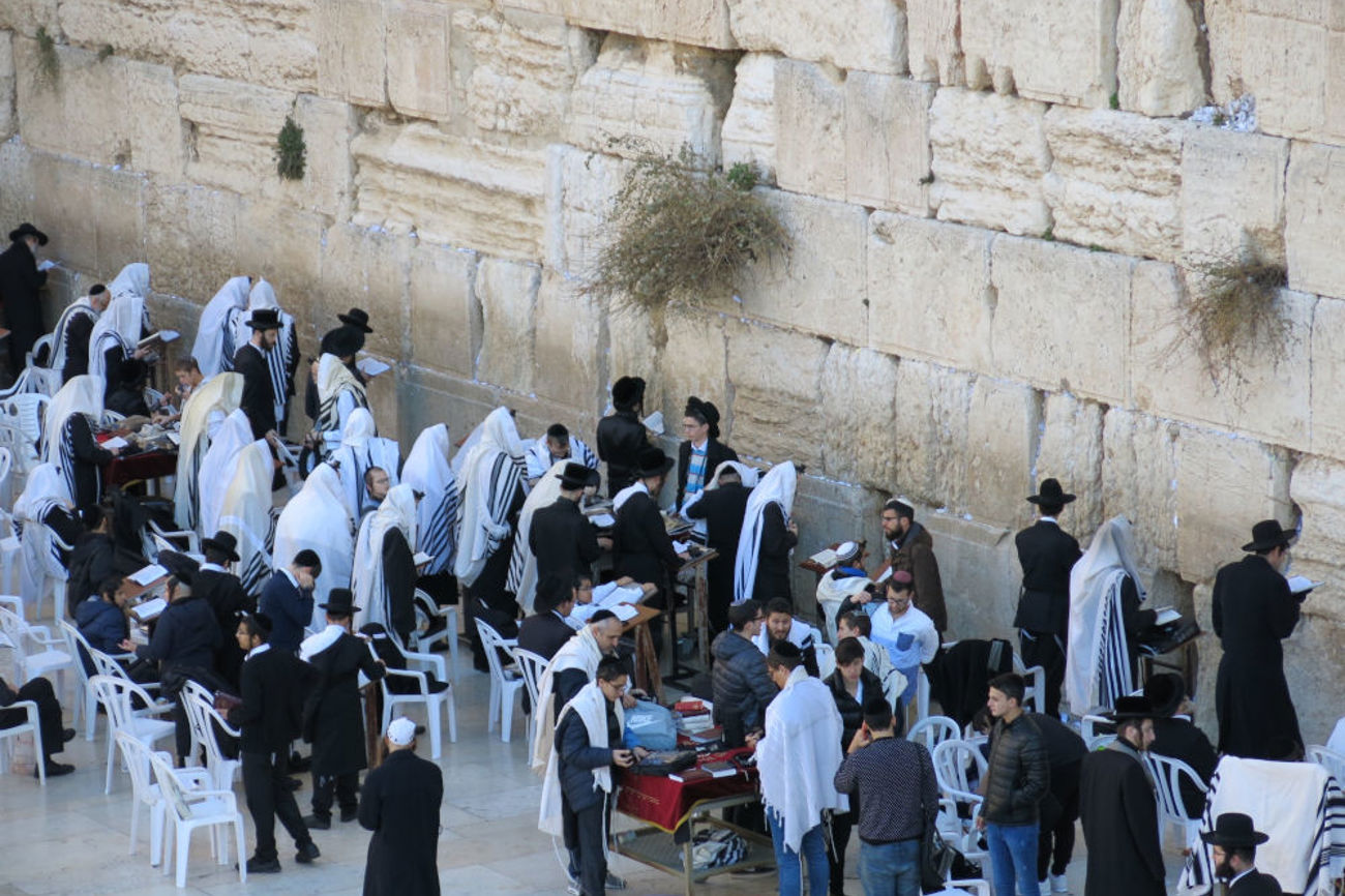 Abb. 4: Aus Büchern betende Juden an der West- oder Klagemauer in Jerusalem. | Foto: Thomas Staubli 1997