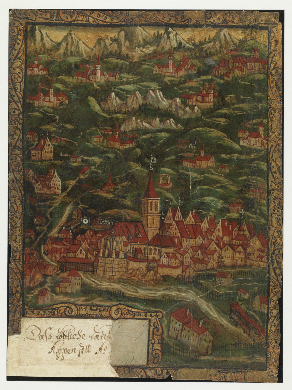 Darstellung des Landes Appenzell im so genannten «Silbernen Landbuch» von 1585. Im Zentrum das Dorf Appenzell | Quelle: Landesarchiv Appenzell Innerrhoden, E.10.02.01.01