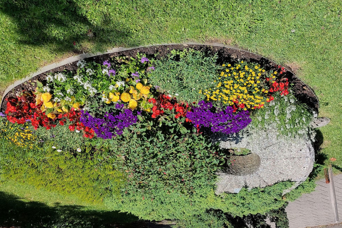 Blumenrabatte mit Mühlstein seit jener schicksalshaften Begegnung ohne Deckel | Bild: Judith Husistein