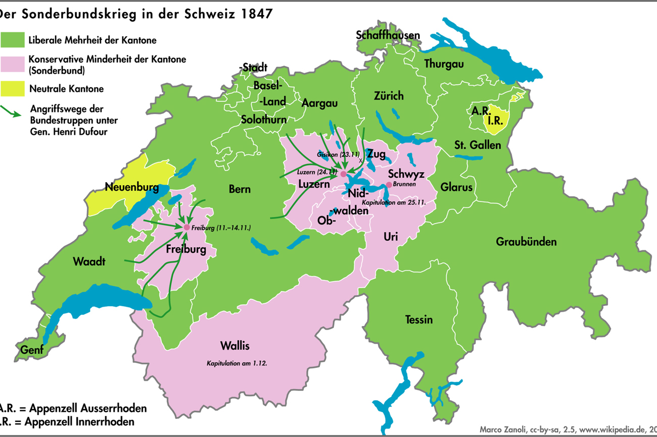 Der Weg zur demokratischen Ordnung war auch in der Schweiz mit kriegerischen Auseinandersetzungen verbunden. Demokratie ist in keiner Weise selbstverständlich. | Quelle: Sonderbundskrieg, Marco Zanoli, www.wikipedia.de 2006