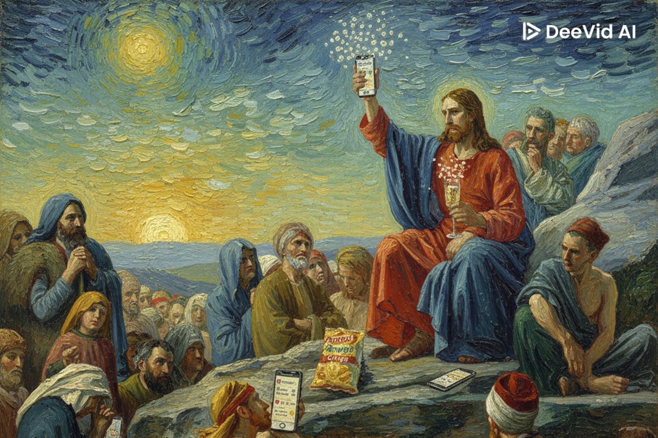 Das KI-generierte Bild zeigt Jesus im Malstil von van Gogh als Influencer mit einem luxuriösen Lebensstil und den in der Schweiz gerade gehypten Aromat-Chips. Dieses anstössige Bild macht deutlich, dass die Welten, die da aufeinander prallen, nicht mit Jesu Wirken kompatibel sind. | Quelle: KI-generiert