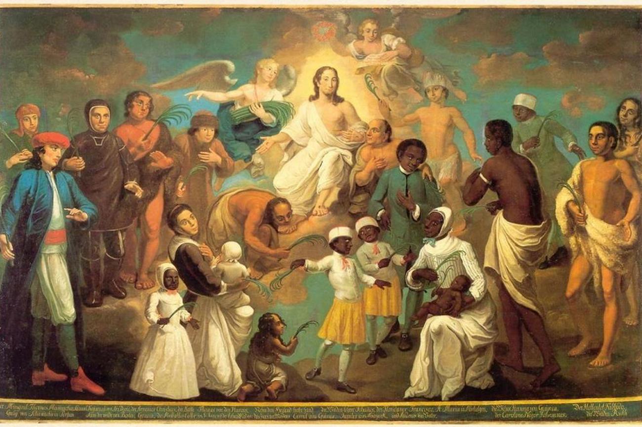 Johann Valentin Haidt – Erstlingsbild (1747): Der freigekaufte Sklavenjunge Carmel Oly sitzt zu Füssen Jesu. Das Bild des Herrnhuter Malers zeigt das Hauptmotiv der «Heidenmission»: die Seelenrettung der armen Wilden.